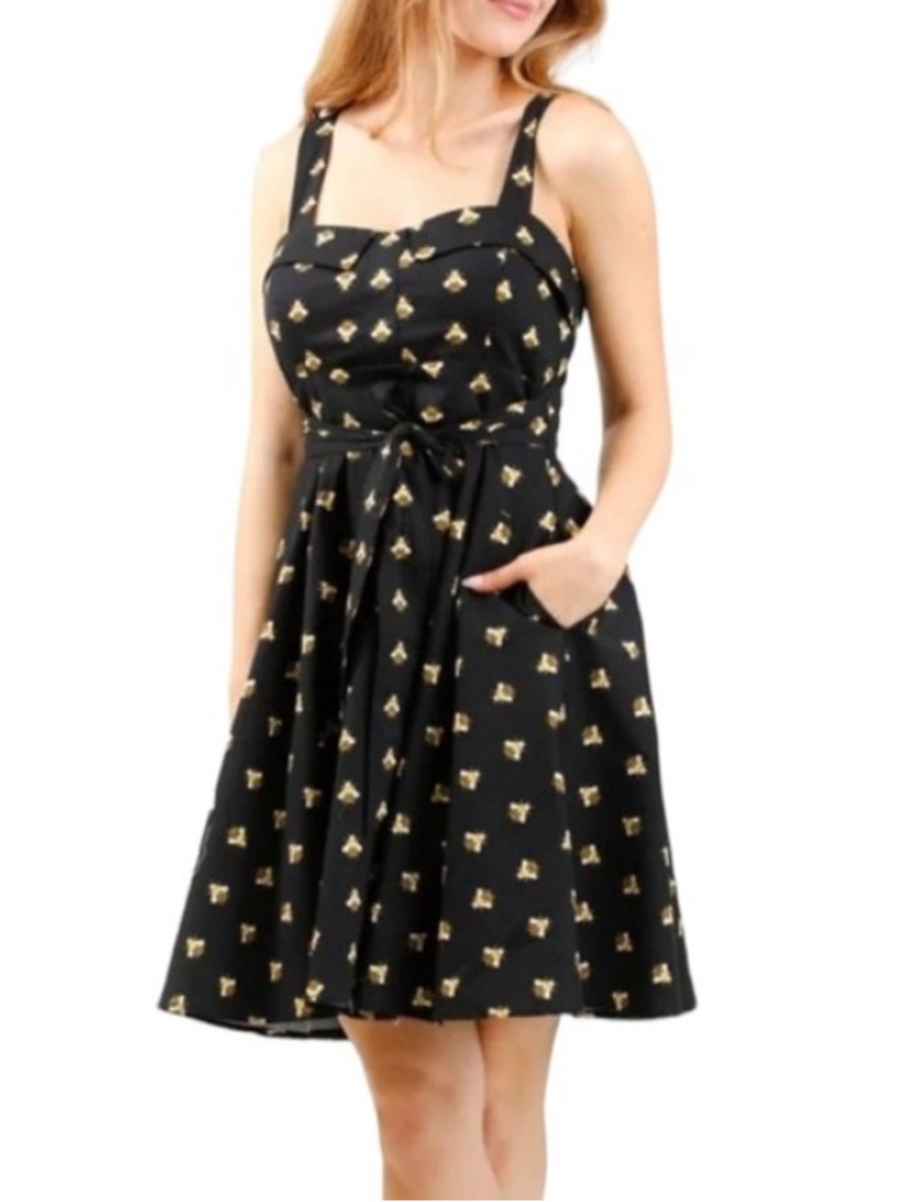 Eva Rose Black Bumblebee Bee Print Pinup Retro Fit and Flare Sleeveless Dress